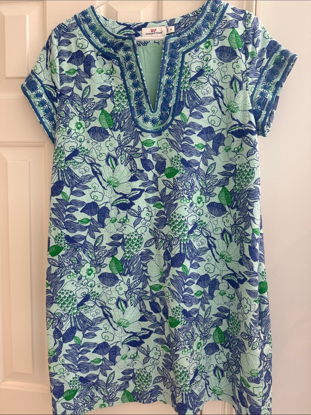 Vineyard Vines Blue and Green Floral and Bird Embroidered Shift Dress size 8